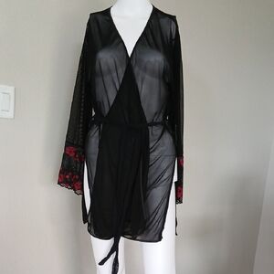 Black Sheer Lace Robe with Red Accents